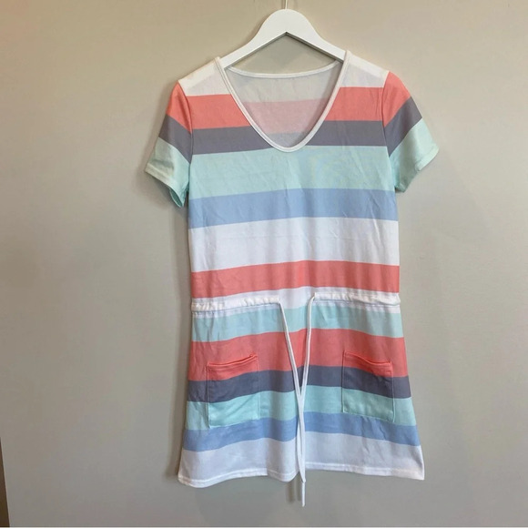 Womens Short Sleeve Tie Waist T Shirt Dress Striped Medium - Picture 1 of 5